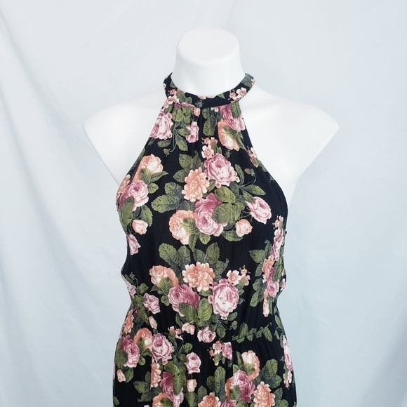 AEO American Eagle Floral Halter Maxi Dress Open Back Black - Picture 3 of 10